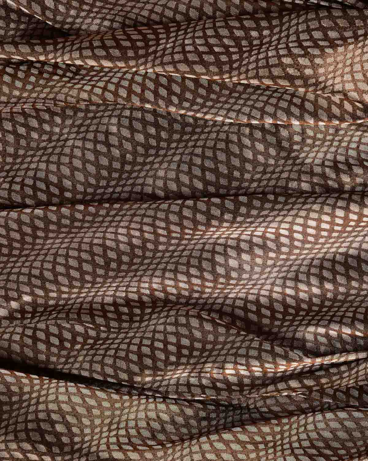 Metallic Brown Illusion Waves Brocade Handwoven Katan Tissue Banarasi Fabric-HolyWeaves