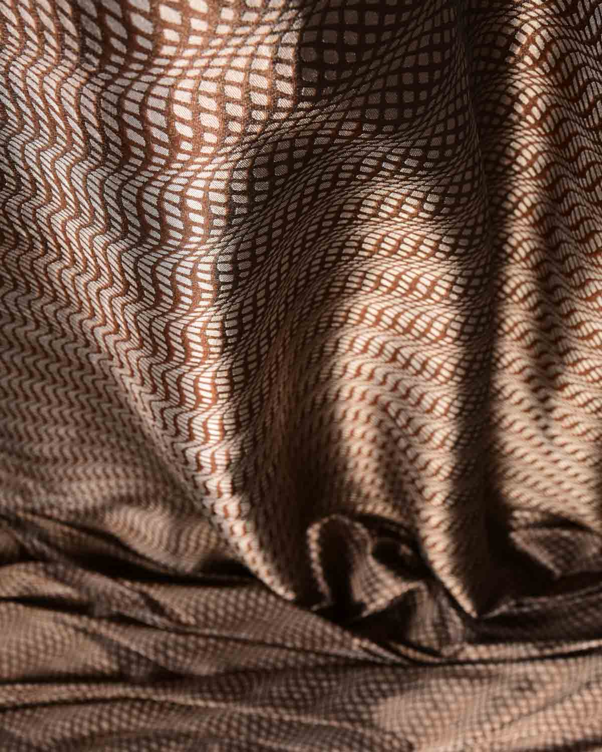 Metallic Brown Illusion Waves Brocade Handwoven Katan Tissue Banarasi Fabric-HolyWeaves