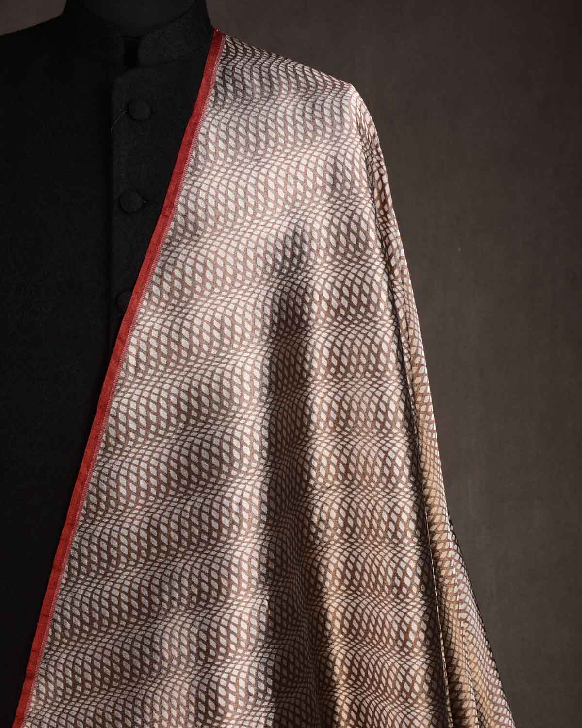 Metallic Brown Illusion Waves Brocade Handwoven Katan Tissue Banarasi Fabric-HolyWeaves