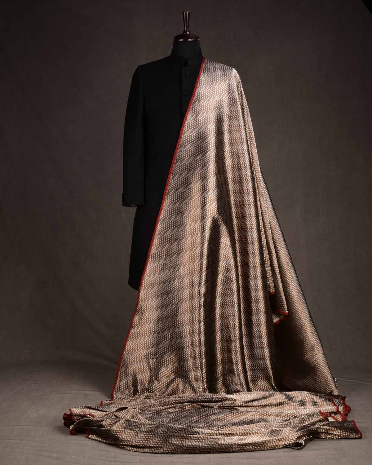 Metallic Brown Illusion Waves Brocade Handwoven Katan Tissue Banarasi Fabric-HolyWeaves