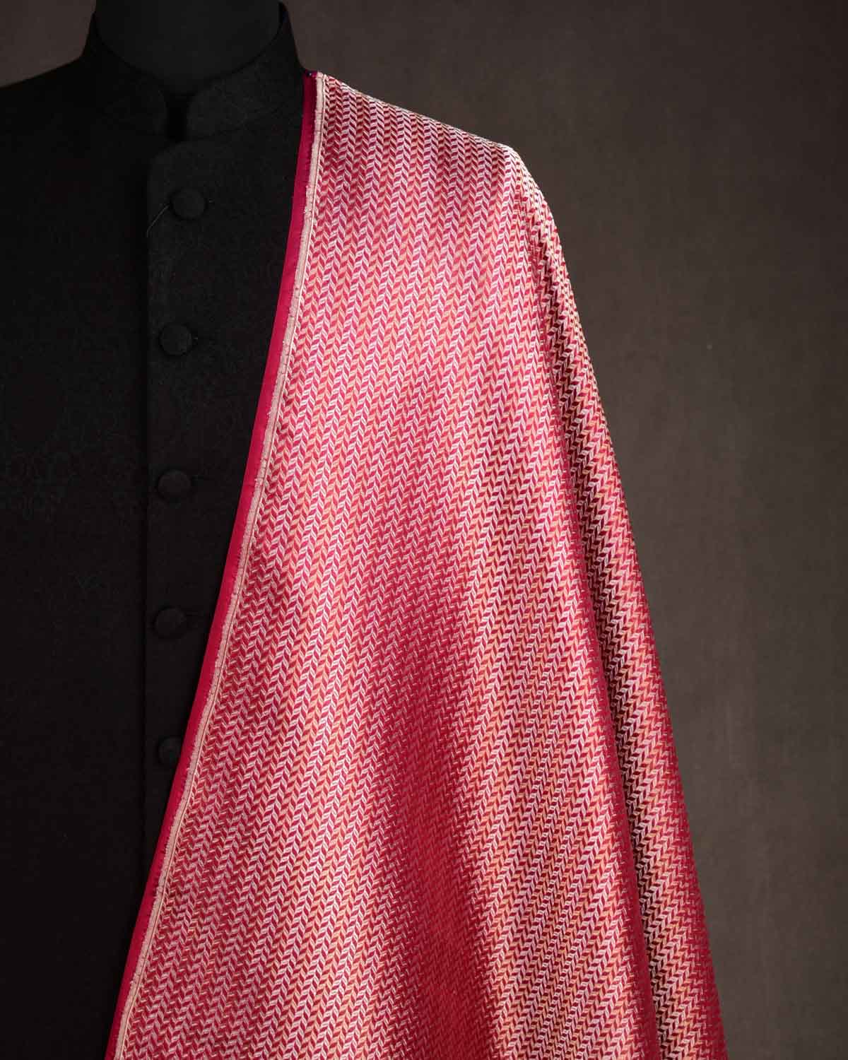Shot Red-Pink Gold & Silver Zari Leaf Herringbone Brocade Handwoven Katan Silk Banarasi Fabric-HolyWeaves