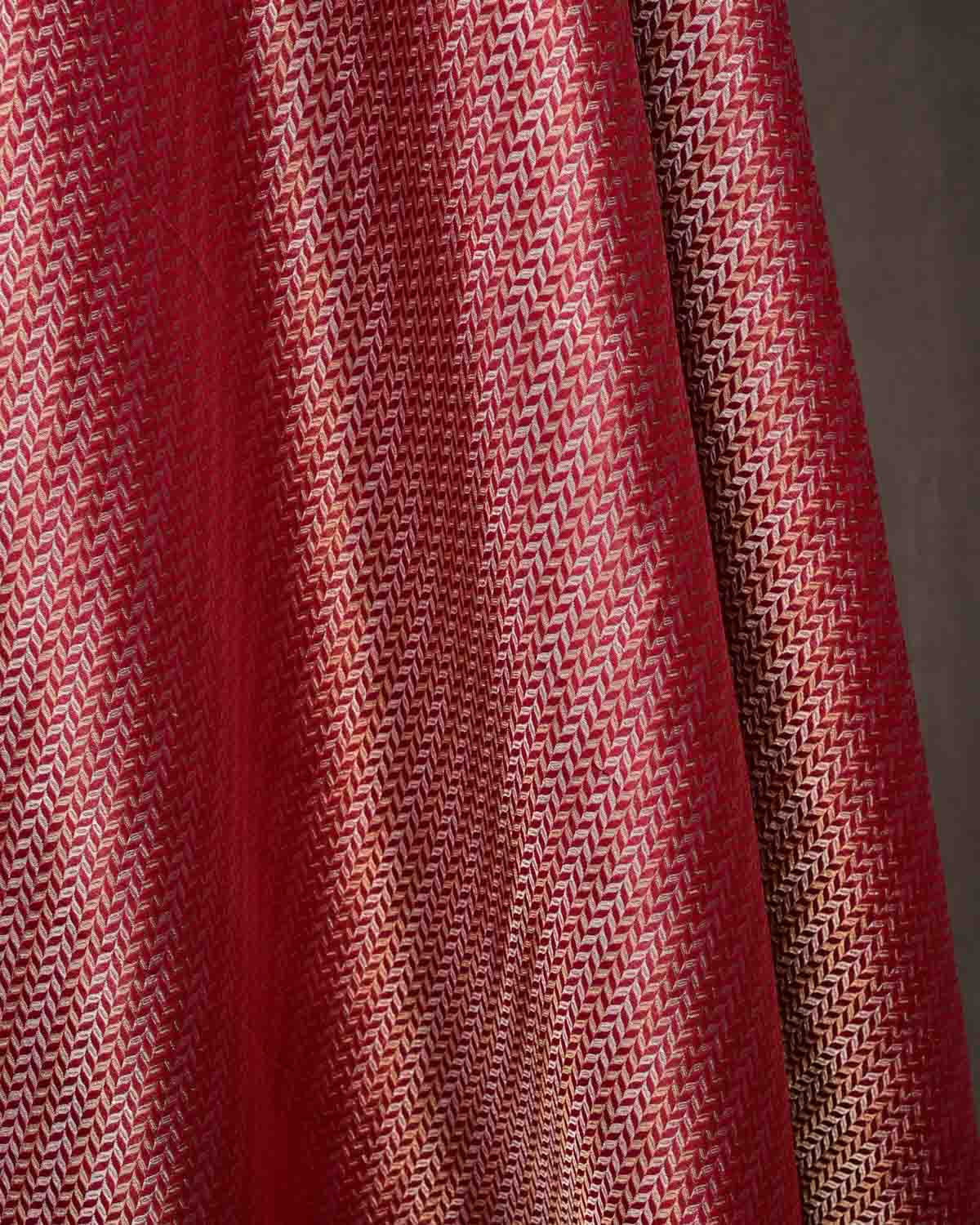 Shot Red-Pink Gold & Silver Zari Leaf Herringbone Brocade Handwoven Katan Silk Banarasi Fabric-HolyWeaves