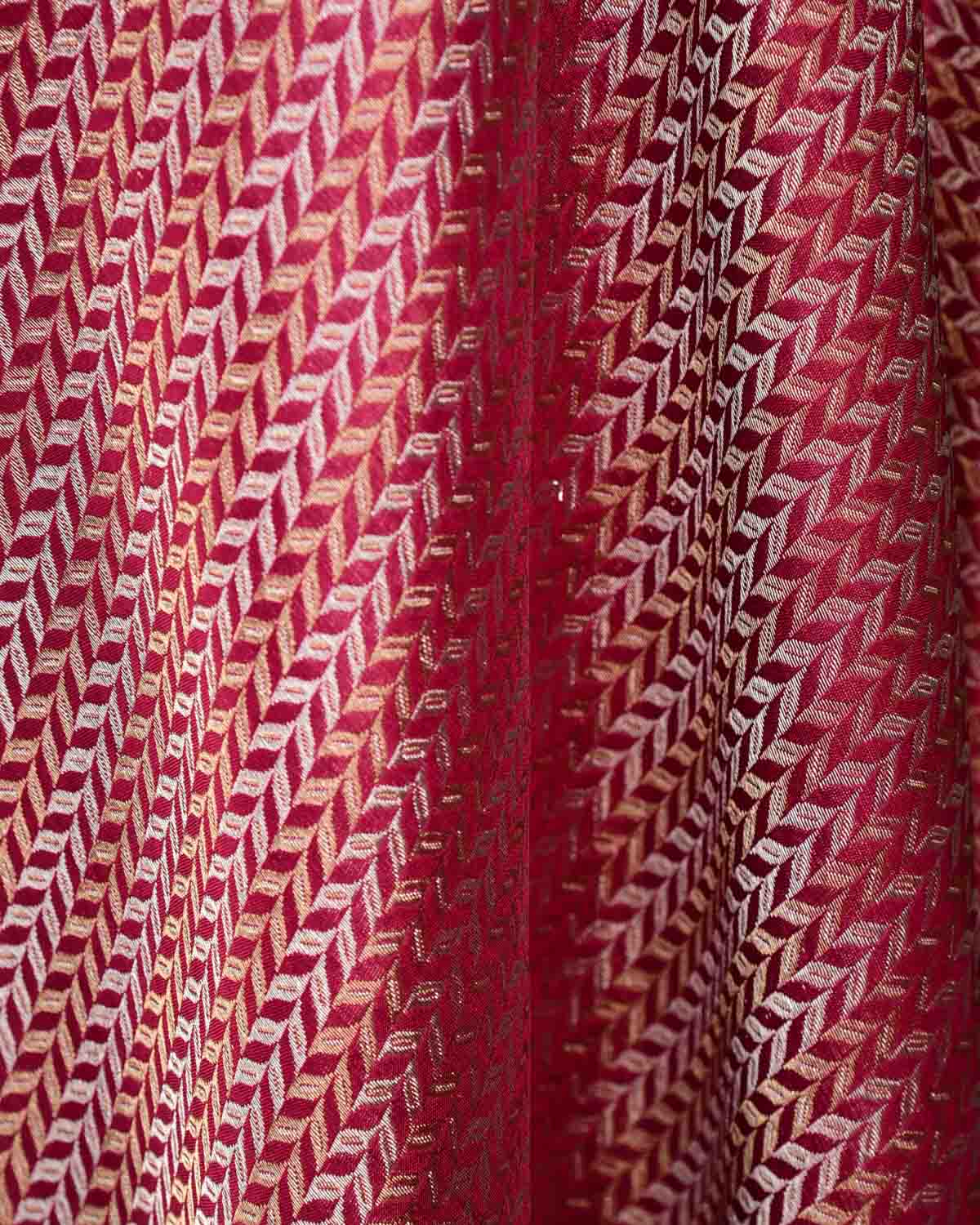 Shot Red-Pink Gold & Silver Zari Leaf Herringbone Brocade Handwoven Katan Silk Banarasi Fabric-HolyWeaves