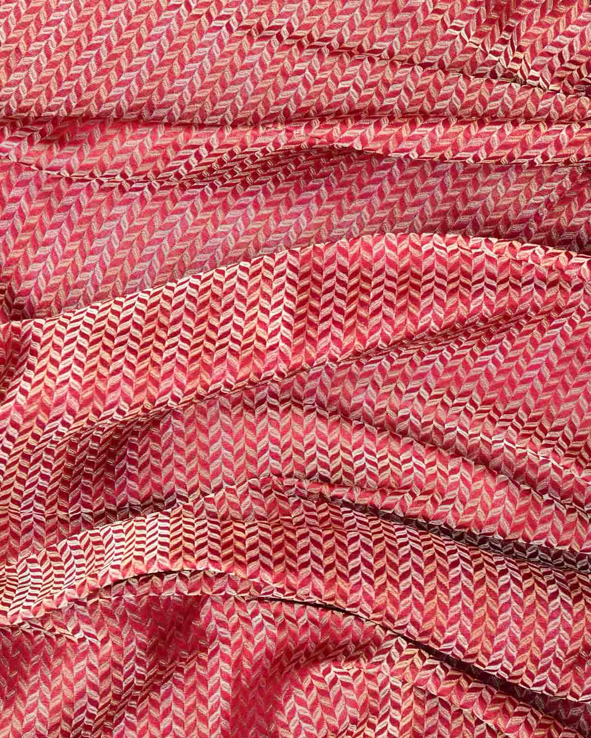 Shot Red-Pink Gold & Silver Zari Leaf Herringbone Brocade Handwoven Katan Silk Banarasi Fabric-HolyWeaves