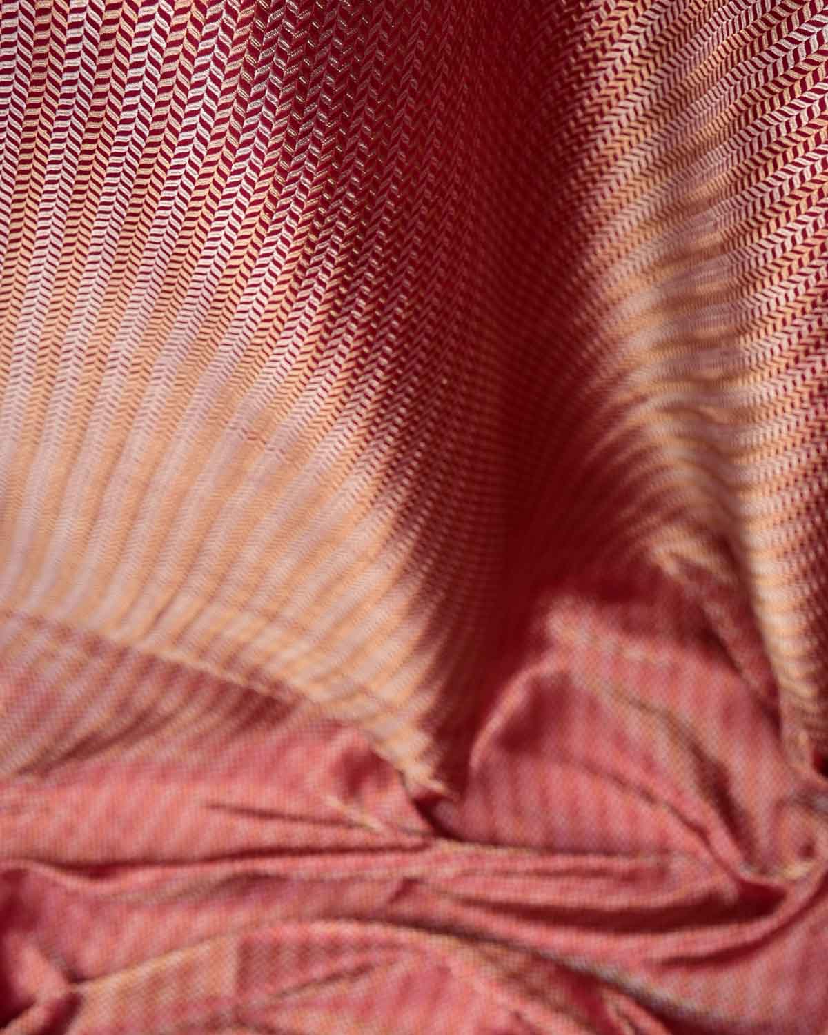 Shot Red-Pink Gold & Silver Zari Leaf Herringbone Brocade Handwoven Katan Silk Banarasi Fabric-HolyWeaves