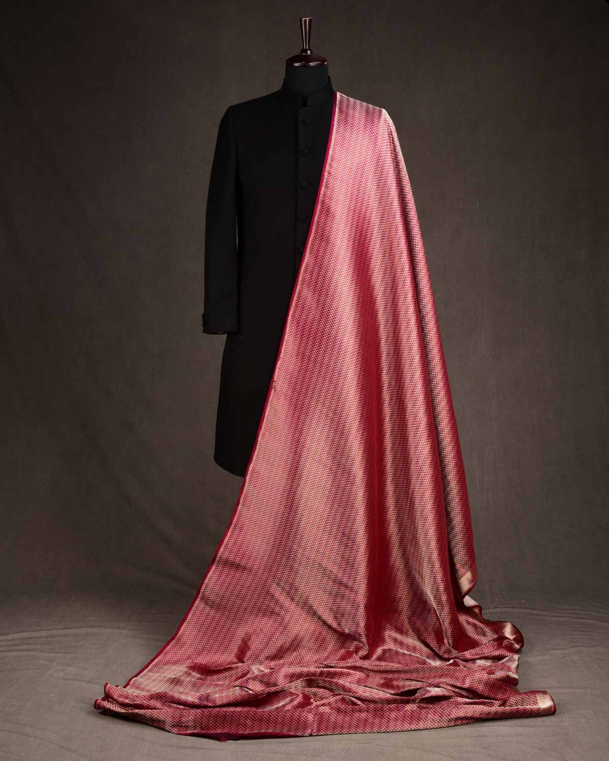 Shot Red-Pink Gold & Silver Zari Leaf Herringbone Brocade Handwoven Katan Silk Banarasi Fabric-HolyWeaves