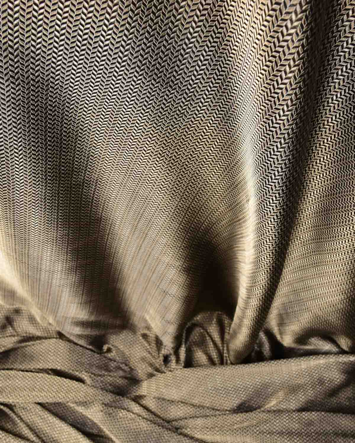 Black Gold & Silver Zari Leaf Herringbone Brocade Handwoven Katan Silk Banarasi Fabric-HolyWeaves