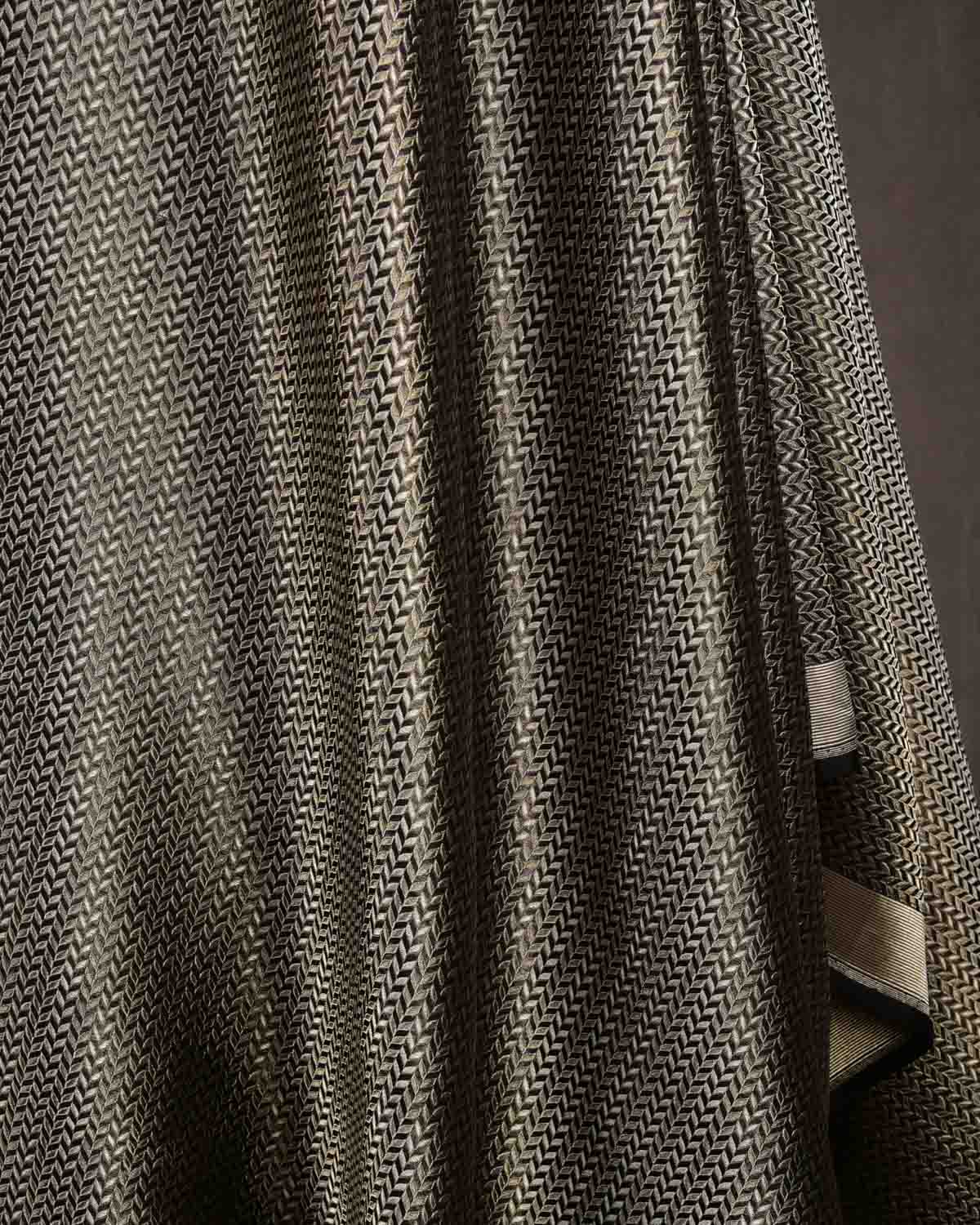Black Gold & Silver Zari Leaf Herringbone Brocade Handwoven Katan Silk Banarasi Fabric-HolyWeaves