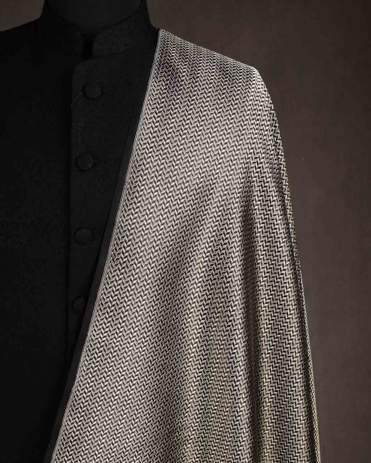 Black Gold & Silver Zari Leaf Herringbone Brocade Handwoven Katan Silk Banarasi Fabric-HolyWeaves