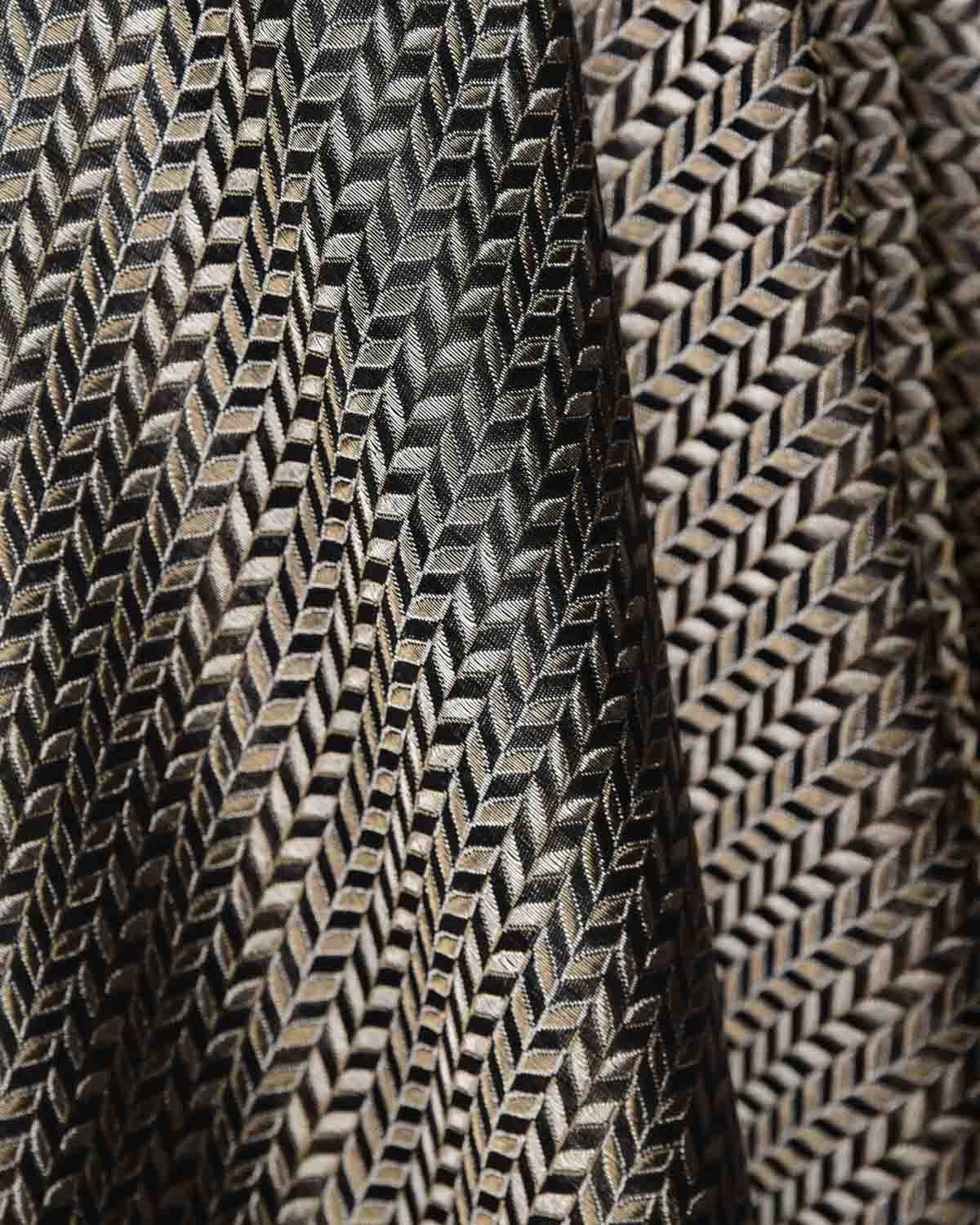 Black Gold & Silver Zari Leaf Herringbone Brocade Handwoven Katan Silk Banarasi Fabric-HolyWeaves