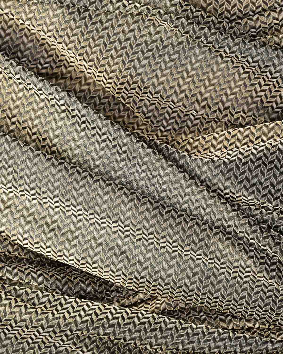 Black Gold & Silver Zari Leaf Herringbone Brocade Handwoven Katan Silk Banarasi Fabric-HolyWeaves