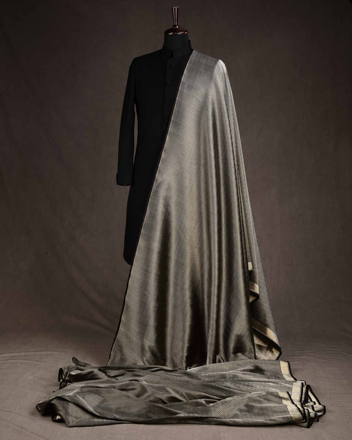 Black Gold & Silver Zari Leaf Herringbone Brocade Handwoven Katan Silk Banarasi Fabric-HolyWeaves