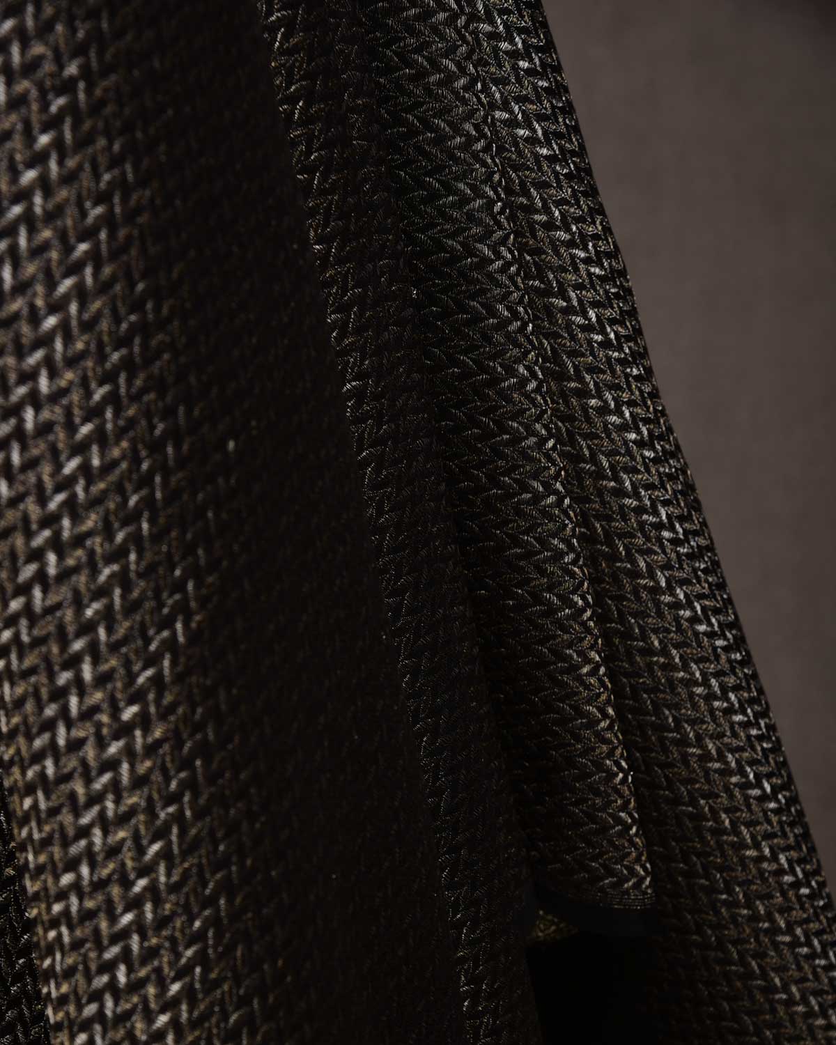 Black Gold & Silver Zari Leaf Herringbone Brocade Handwoven Silk Wool Banarasi Fabric-HolyWeaves