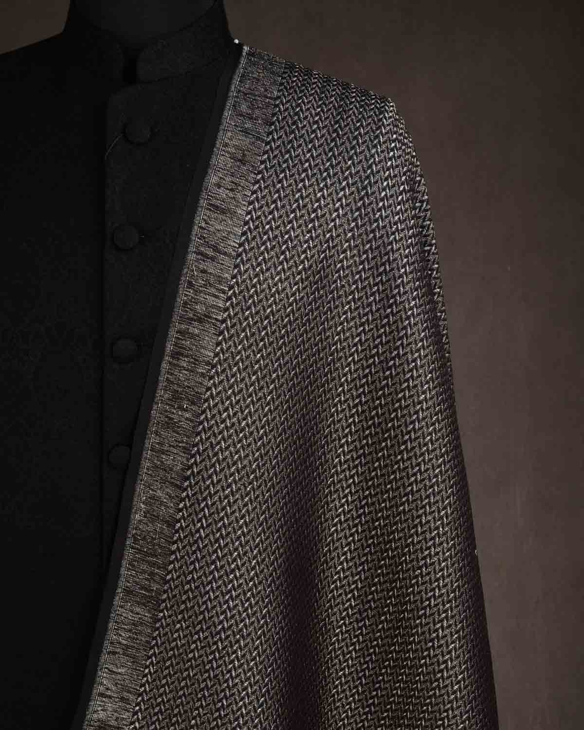 Black Gold & Silver Zari Leaf Herringbone Brocade Handwoven Silk Wool Banarasi Fabric-HolyWeaves