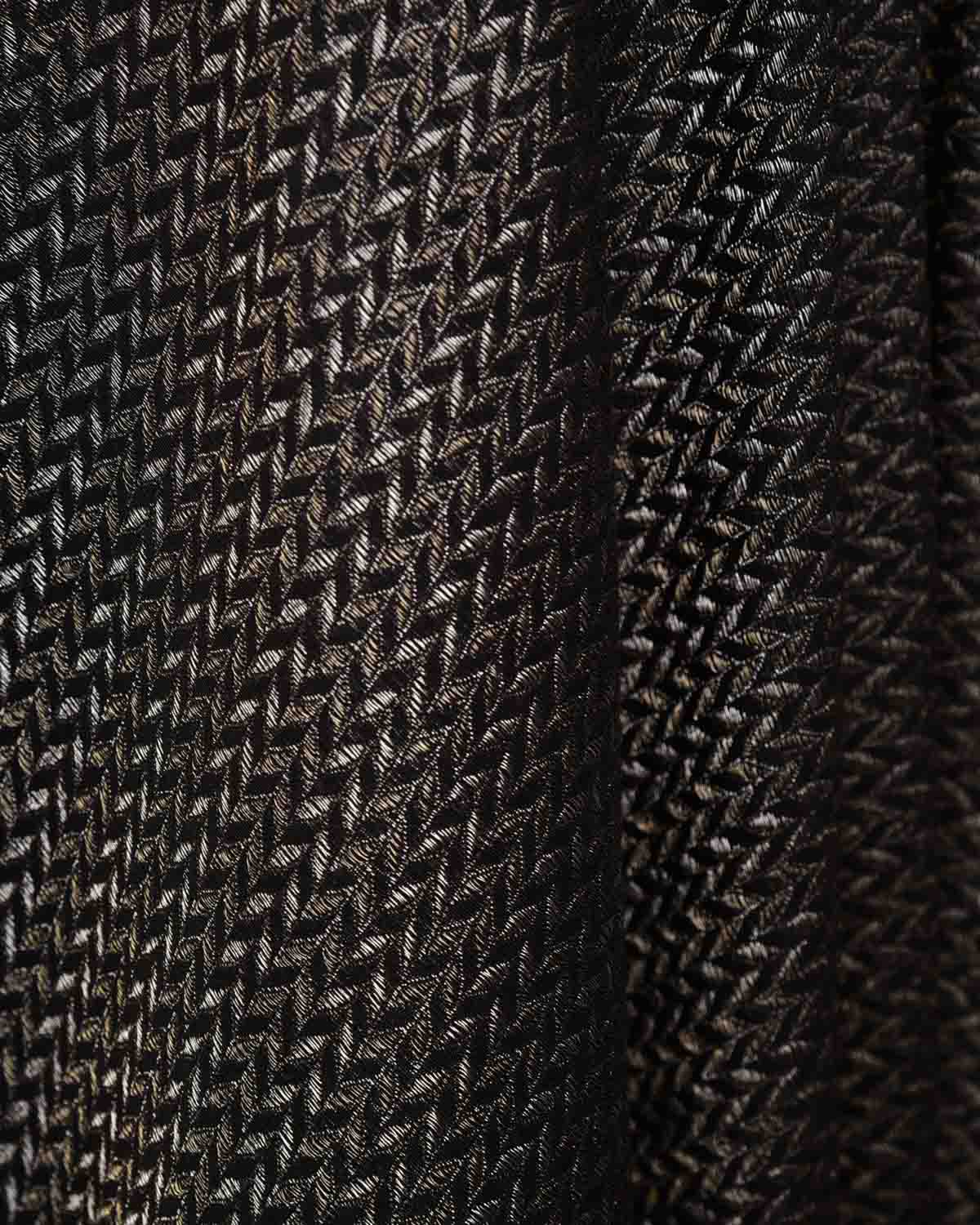 Black Gold & Silver Zari Leaf Herringbone Brocade Handwoven Silk Wool Banarasi Fabric-HolyWeaves