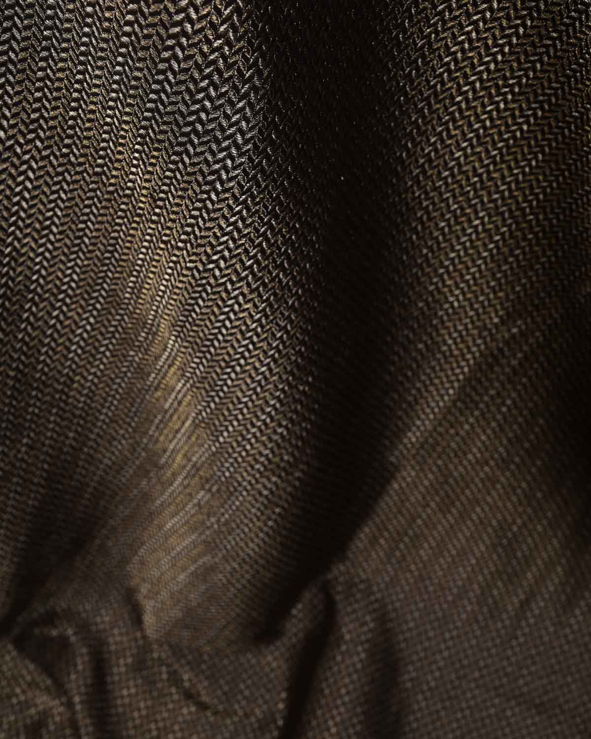 Black Gold & Silver Zari Leaf Herringbone Brocade Handwoven Silk Wool Banarasi Fabric-HolyWeaves