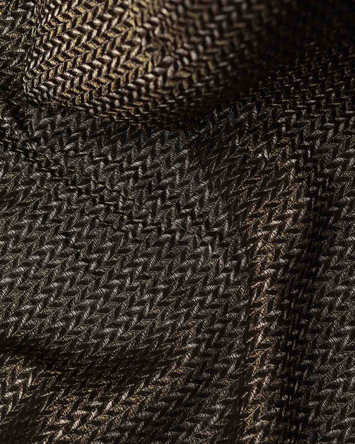 Black Gold & Silver Zari Leaf Herringbone Brocade Handwoven Silk Wool Banarasi Fabric-HolyWeaves