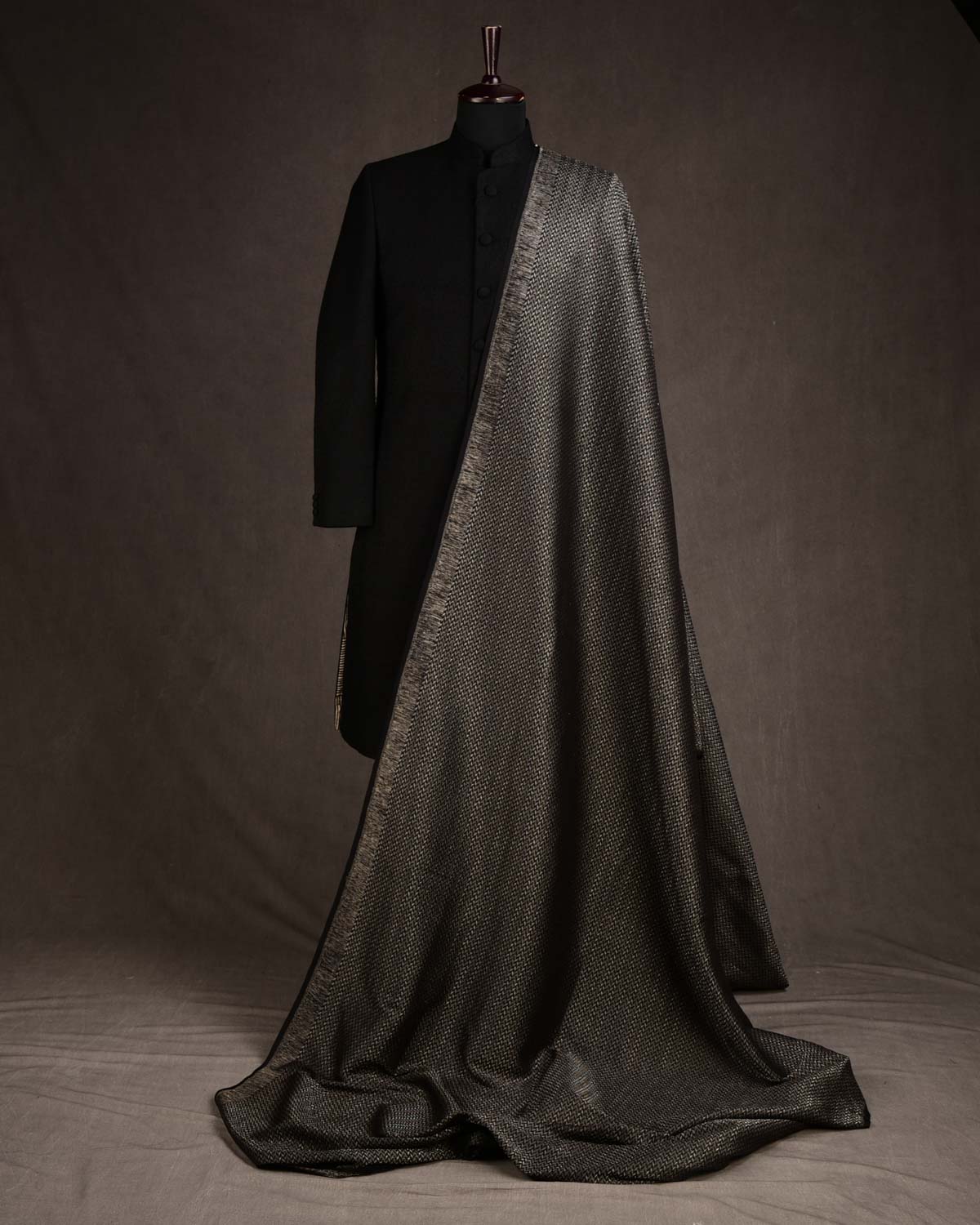 Black Gold & Silver Zari Leaf Herringbone Brocade Handwoven Silk Wool Banarasi Fabric-HolyWeaves