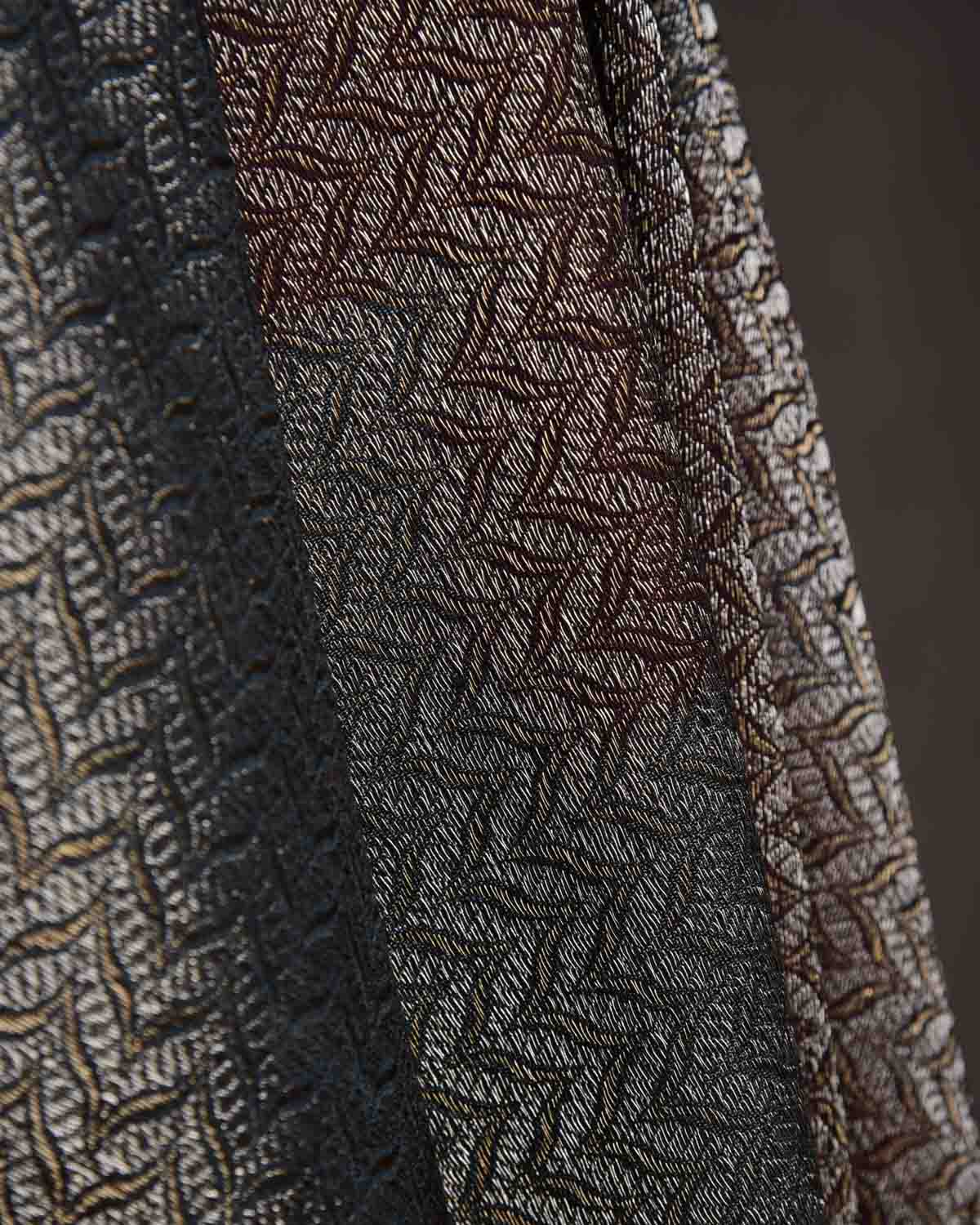 Ombre Black Gold & Silver Zari Alfi Brocade Handwoven Silk Wool Banarasi Fabric-HolyWeaves