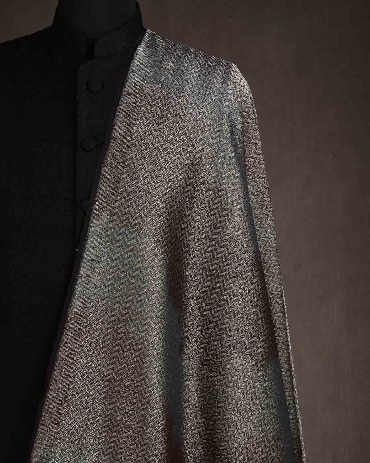 Ombre Black Gold & Silver Zari Alfi Brocade Handwoven Silk Wool Banarasi Fabric-HolyWeaves