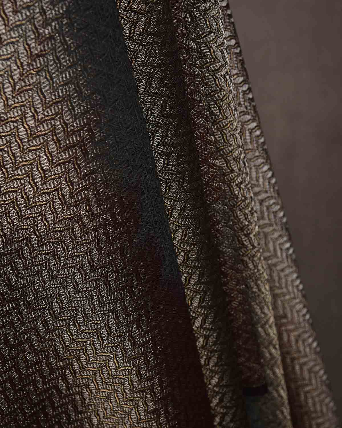 Ombre Black Gold & Silver Zari Alfi Brocade Handwoven Silk Wool Banarasi Fabric-HolyWeaves