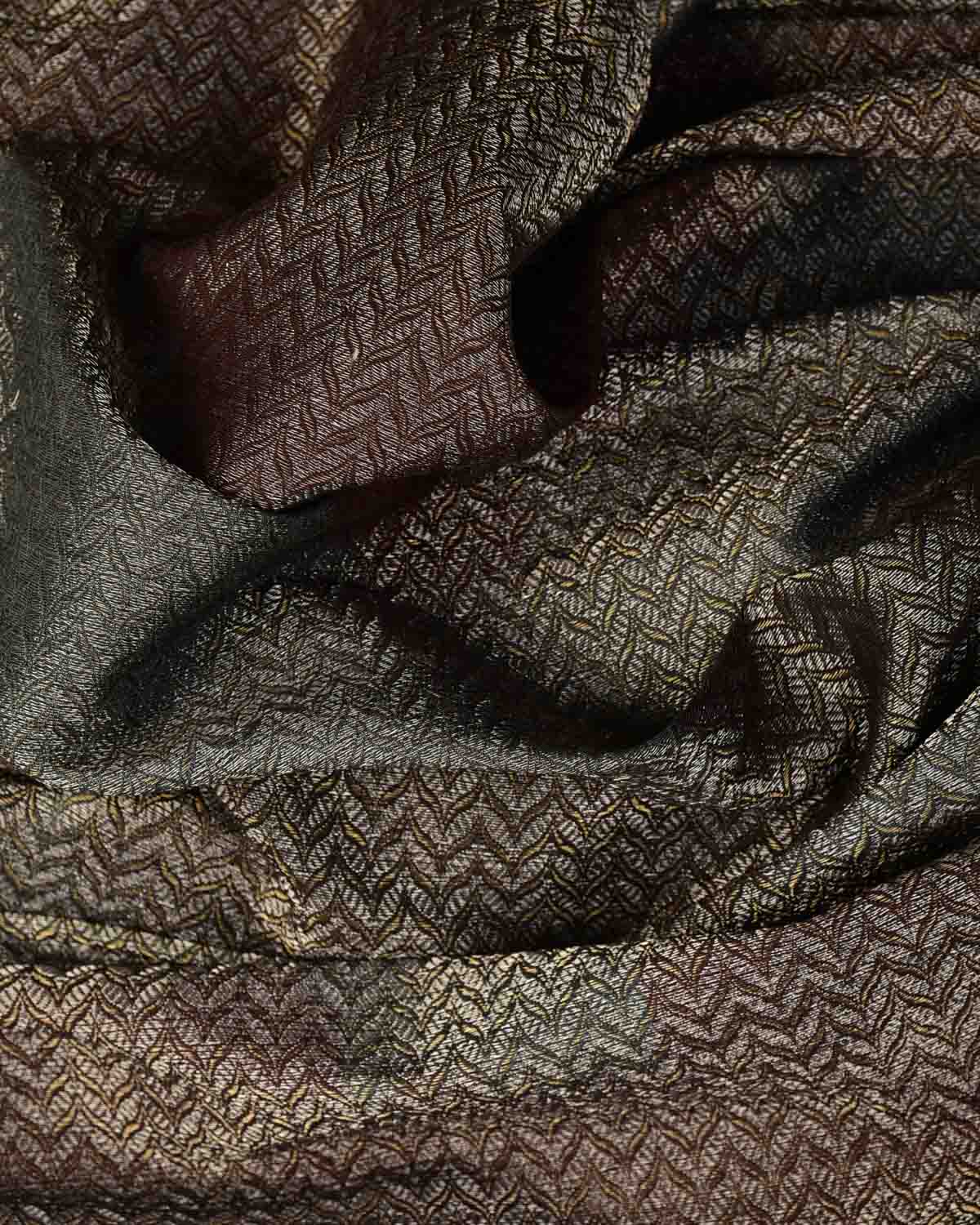 Ombre Black Gold & Silver Zari Alfi Brocade Handwoven Silk Wool Banarasi Fabric-HolyWeaves