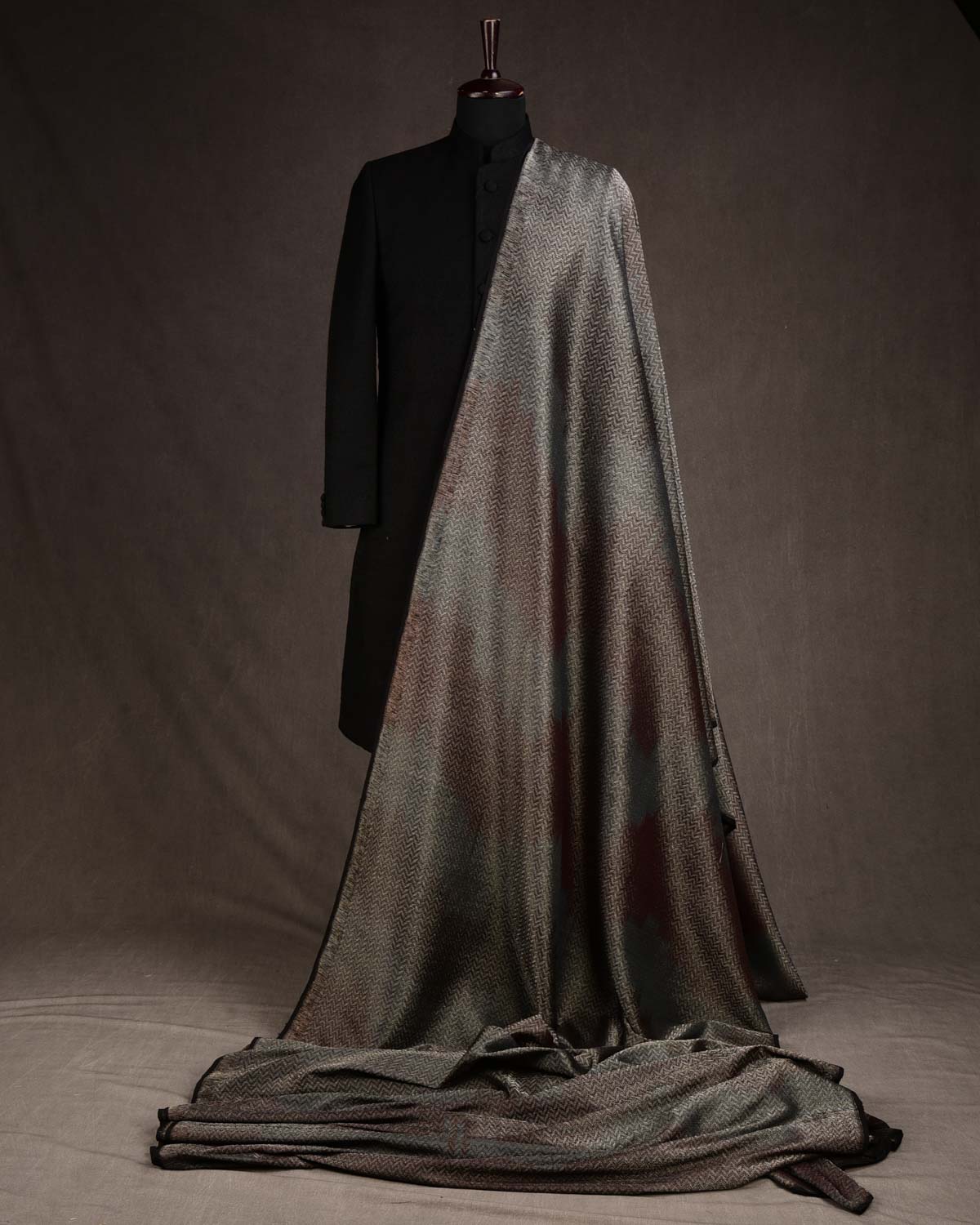 Ombre Black Gold & Silver Zari Alfi Brocade Handwoven Silk Wool Banarasi Fabric-HolyWeaves