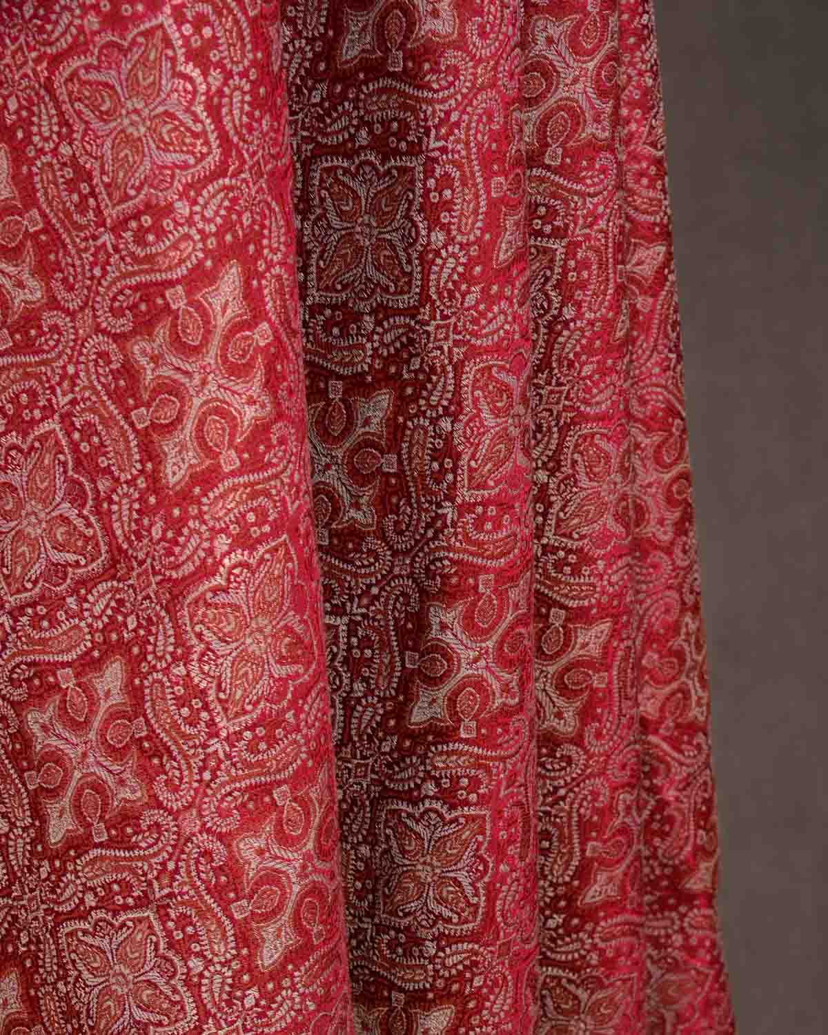 Maroon Traditional Tehra Jamawar Handwoven Silk Wool Banarasi Fabric-HolyWeaves