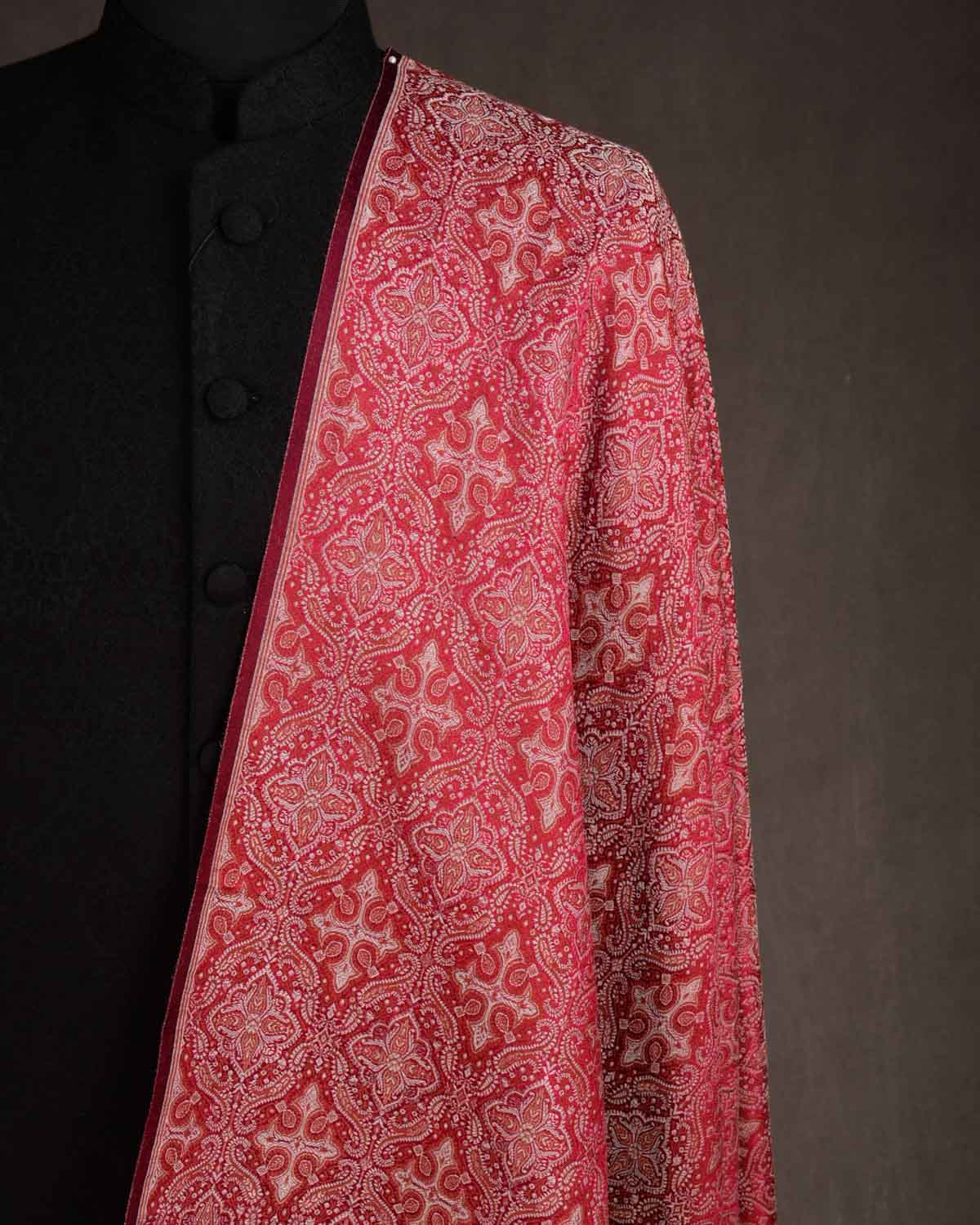 Maroon Traditional Tehra Jamawar Handwoven Silk Wool Banarasi Fabric-HolyWeaves