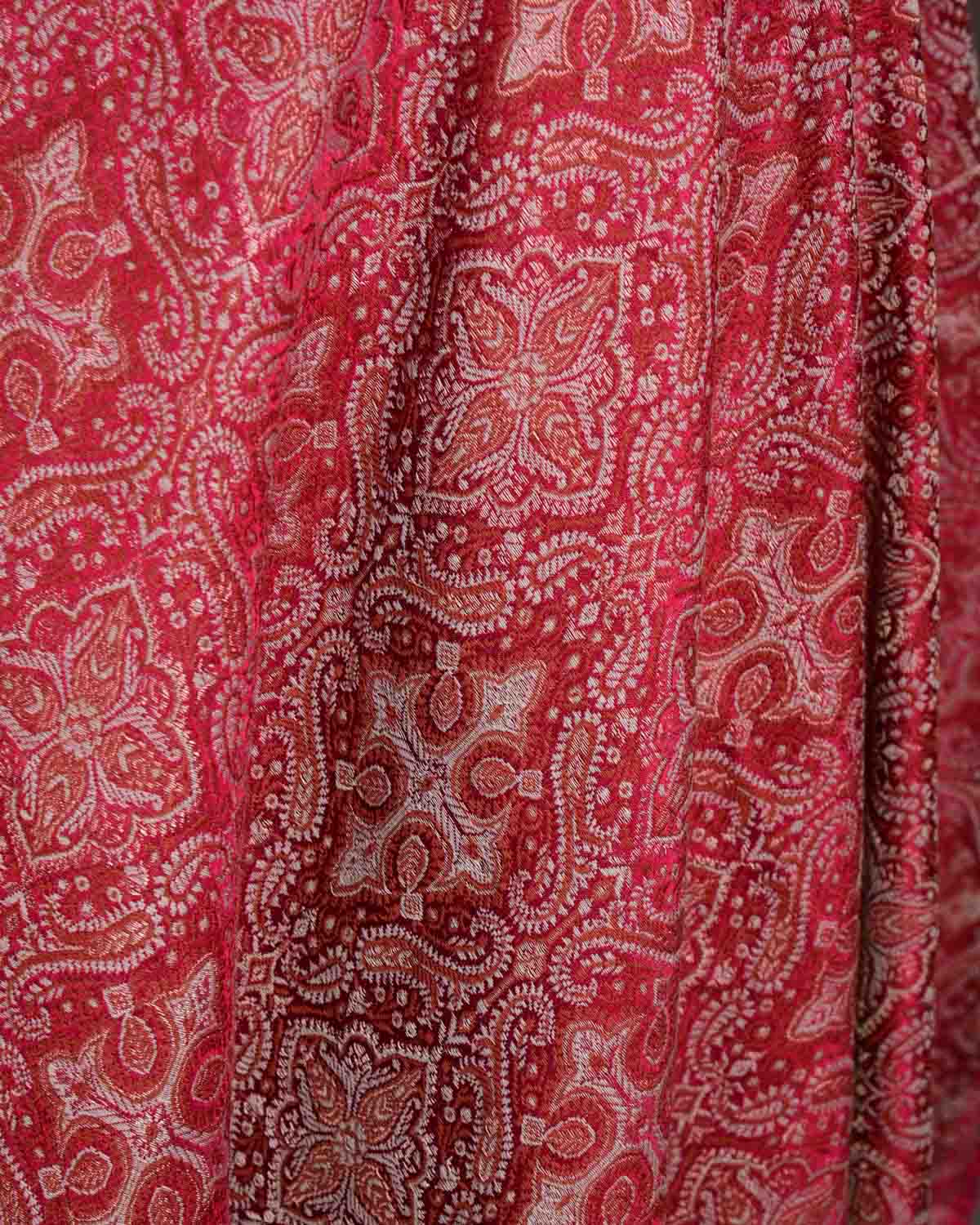 Maroon Traditional Tehra Jamawar Handwoven Silk Wool Banarasi Fabric-HolyWeaves