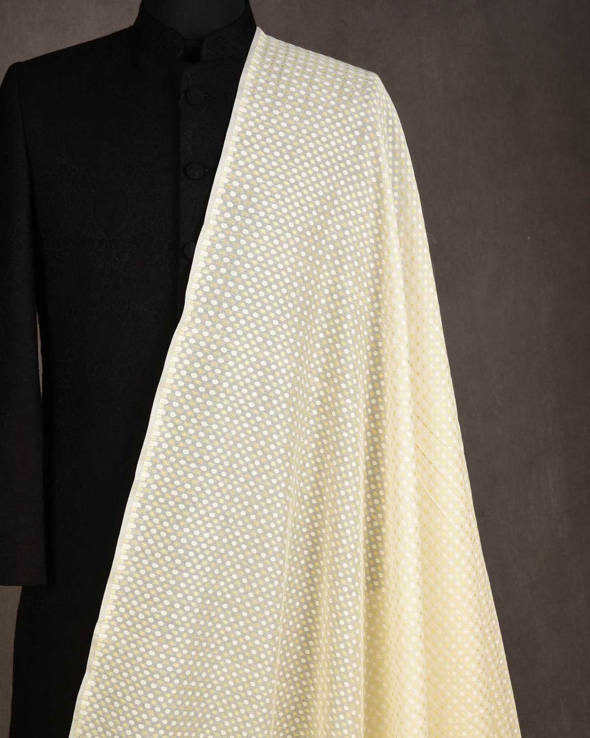 Ivory White Gold Zari & White Resham Cutwork Brocade Woven Cotton Silk Banarasi Fabric-HolyWeaves