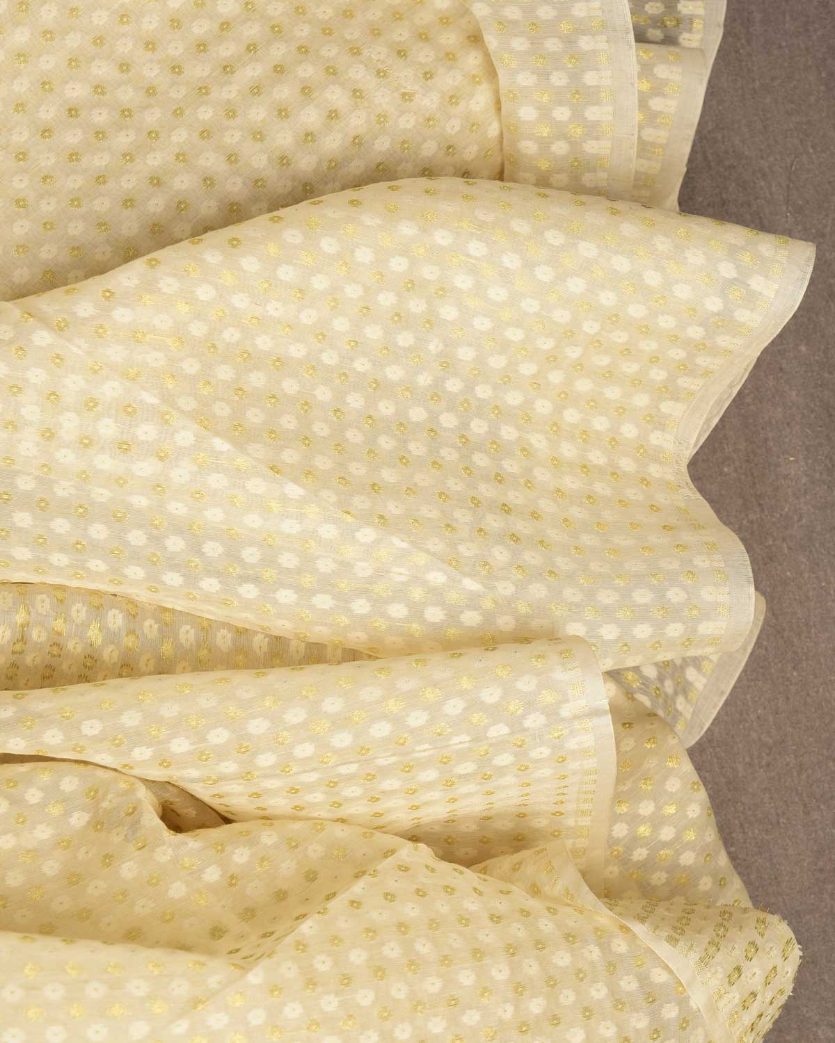 Ivory White Gold Zari & White Resham Cutwork Brocade Woven Cotton Silk Banarasi Fabric-HolyWeaves