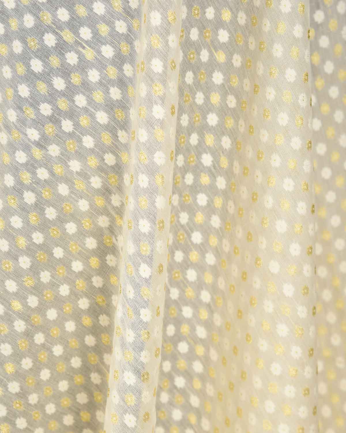 Ivory White Gold Zari & White Resham Cutwork Brocade Woven Cotton Silk Banarasi Fabric-HolyWeaves