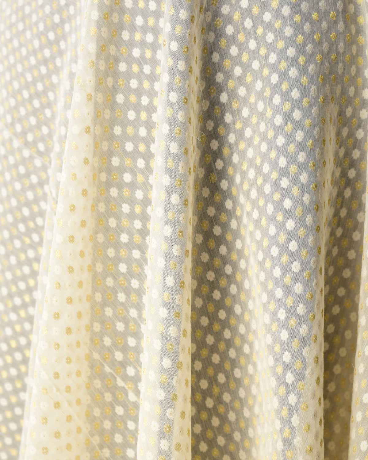 Ivory White Gold Zari & White Resham Cutwork Brocade Woven Cotton Silk Banarasi Fabric-HolyWeaves