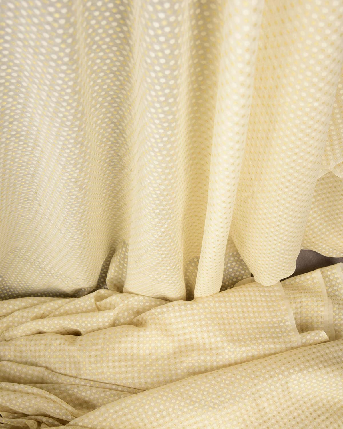 Ivory White Gold Zari & White Resham Cutwork Brocade Woven Cotton Silk Banarasi Fabric-HolyWeaves