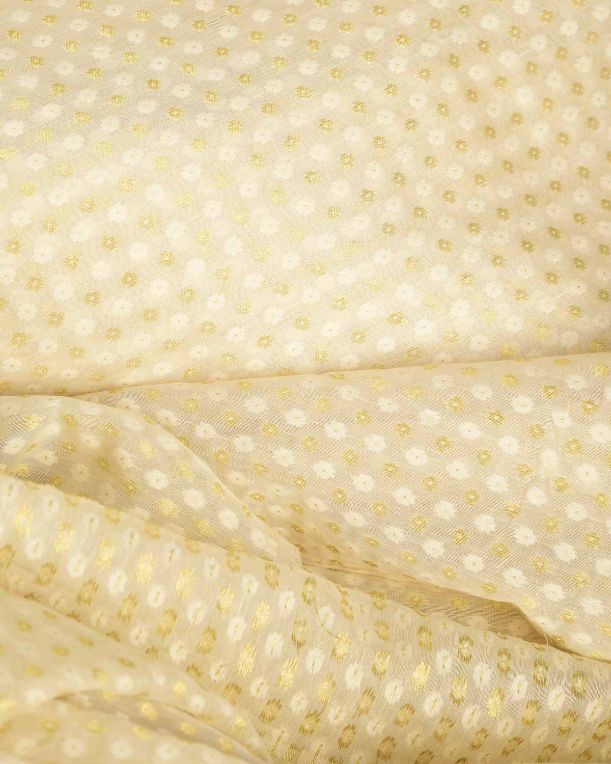 Ivory White Gold Zari & White Resham Cutwork Brocade Woven Cotton Silk Banarasi Fabric-HolyWeaves