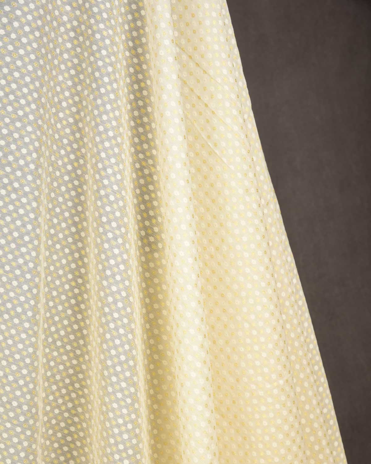 Ivory White Gold Zari & White Resham Cutwork Brocade Woven Cotton Silk Banarasi Fabric-HolyWeaves