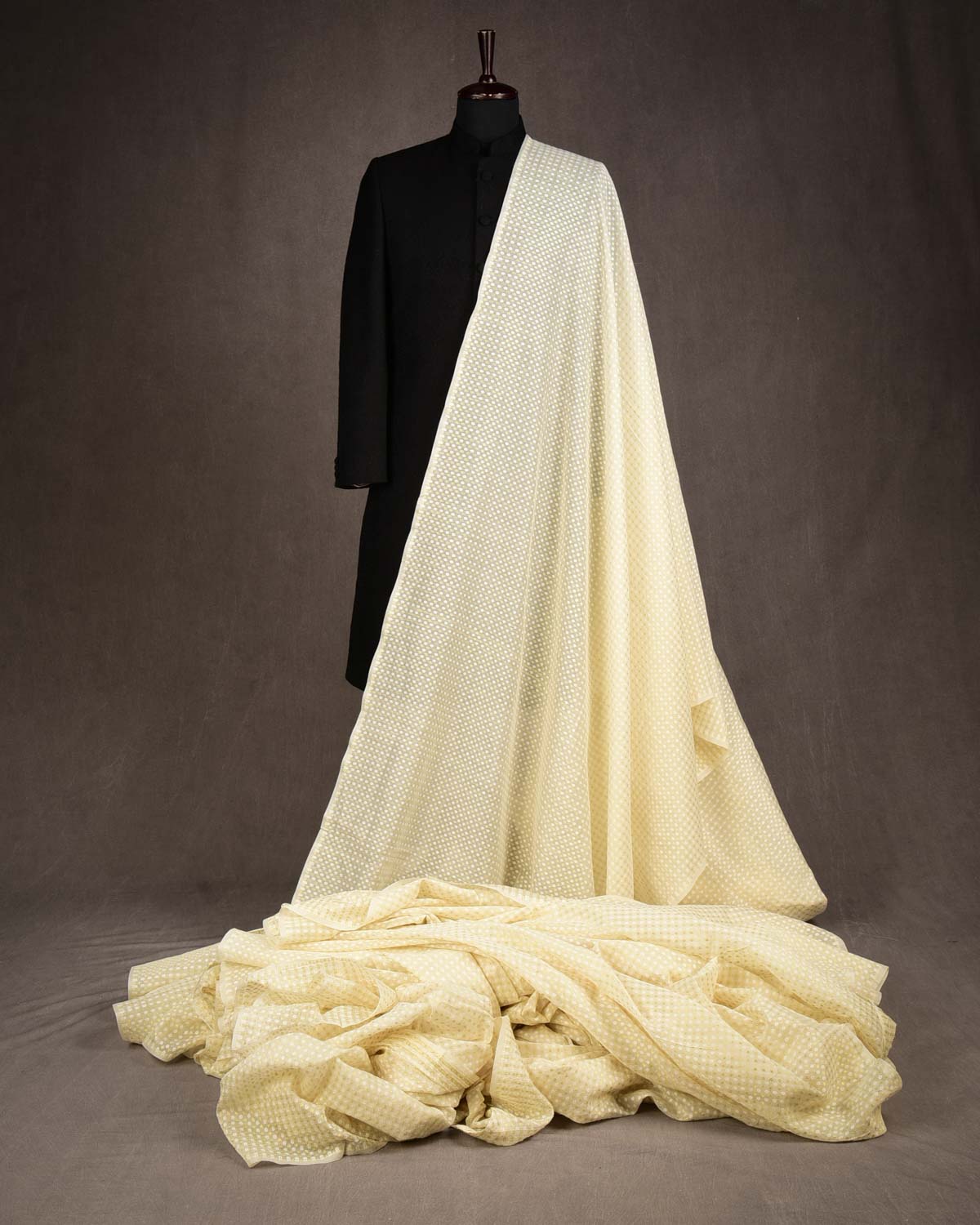 Ivory White Gold Zari & White Resham Cutwork Brocade Woven Cotton Silk Banarasi Fabric-HolyWeaves