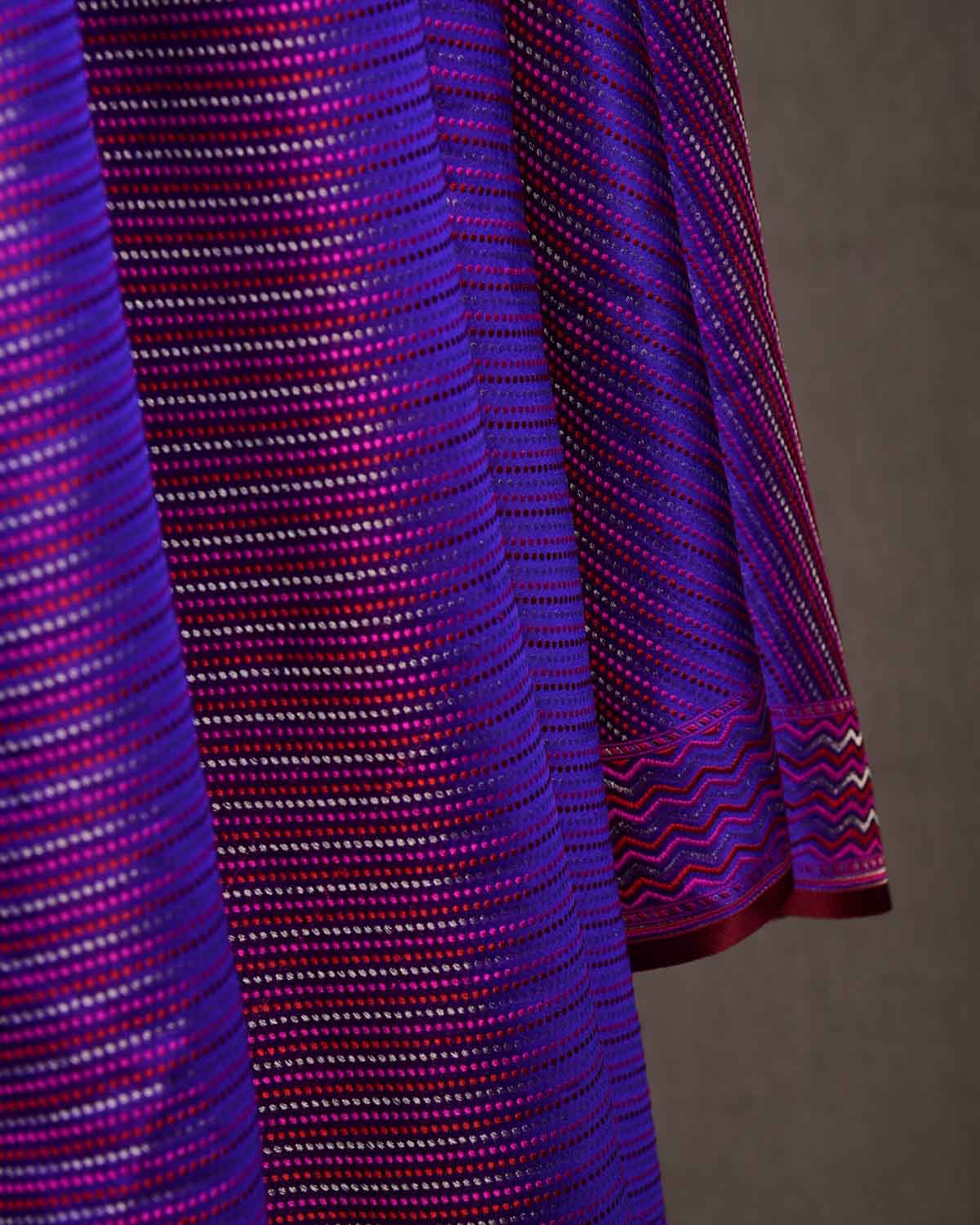 Purple 3-color Diagonal Stripes Jamawar Handwoven Katan Silk Banarasi Fabric-HolyWeaves