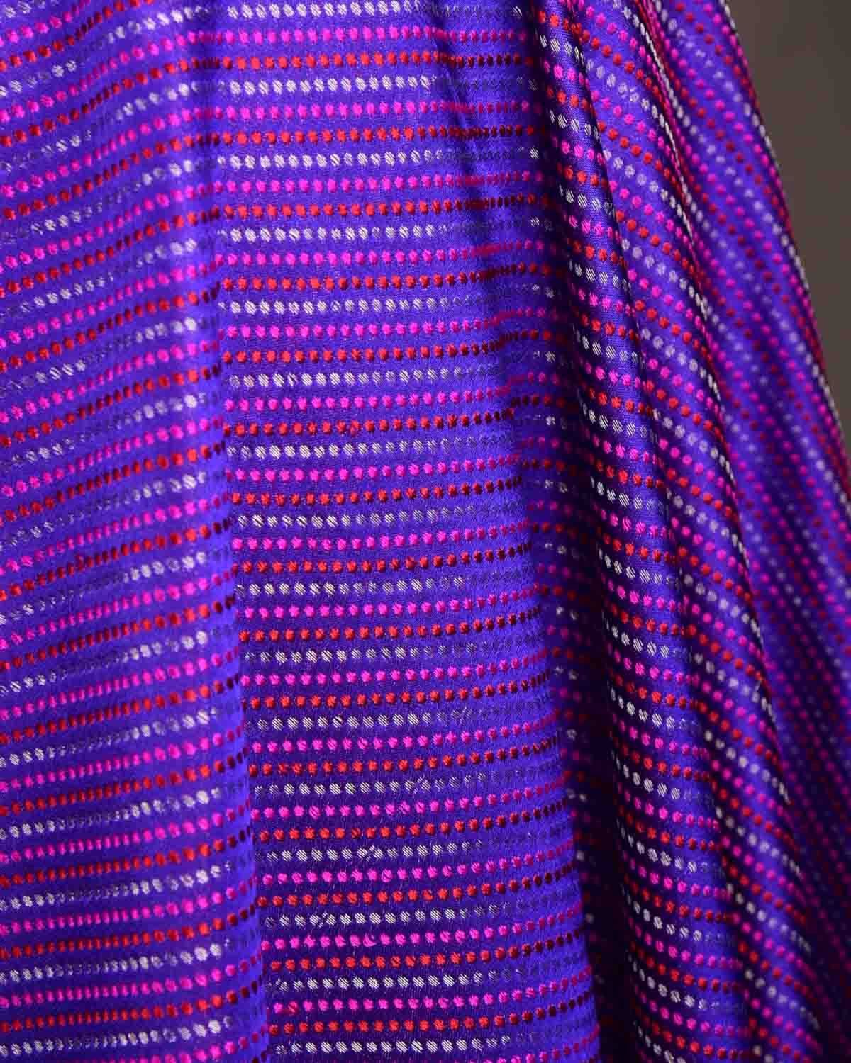 Purple 3-color Diagonal Stripes Jamawar Handwoven Katan Silk Banarasi Fabric-HolyWeaves
