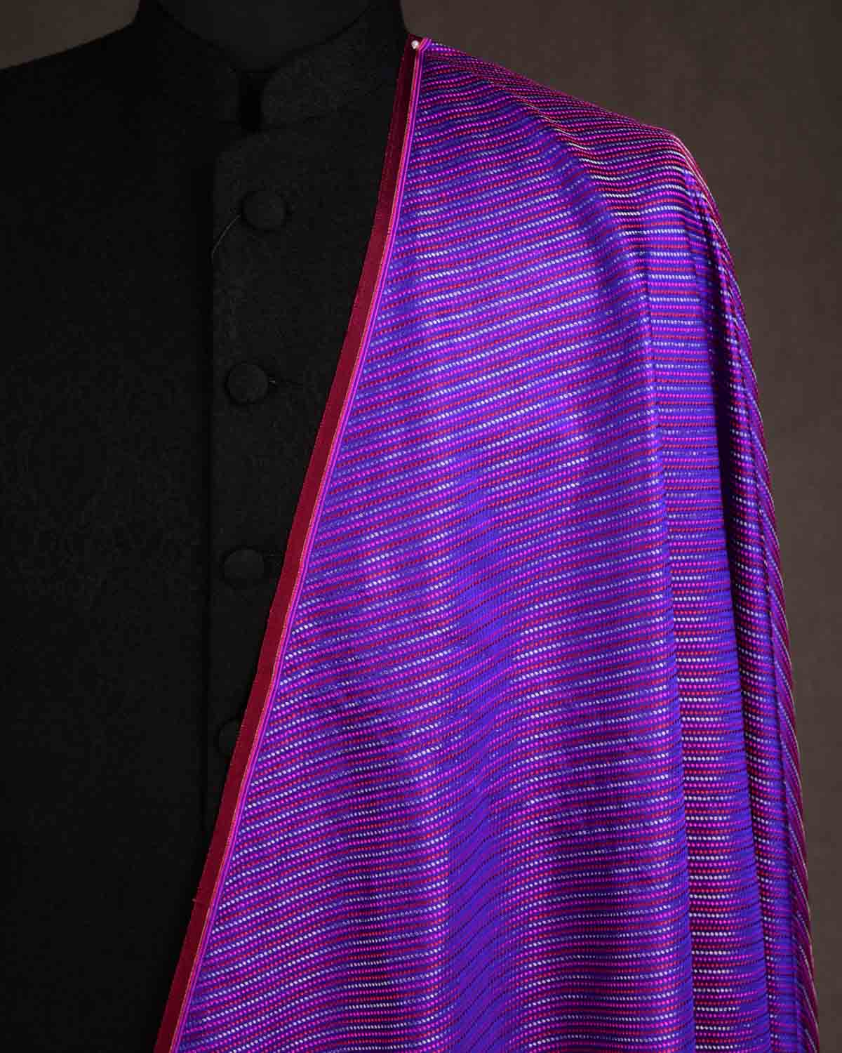 Purple 3-color Diagonal Stripes Jamawar Handwoven Katan Silk Banarasi Fabric-HolyWeaves