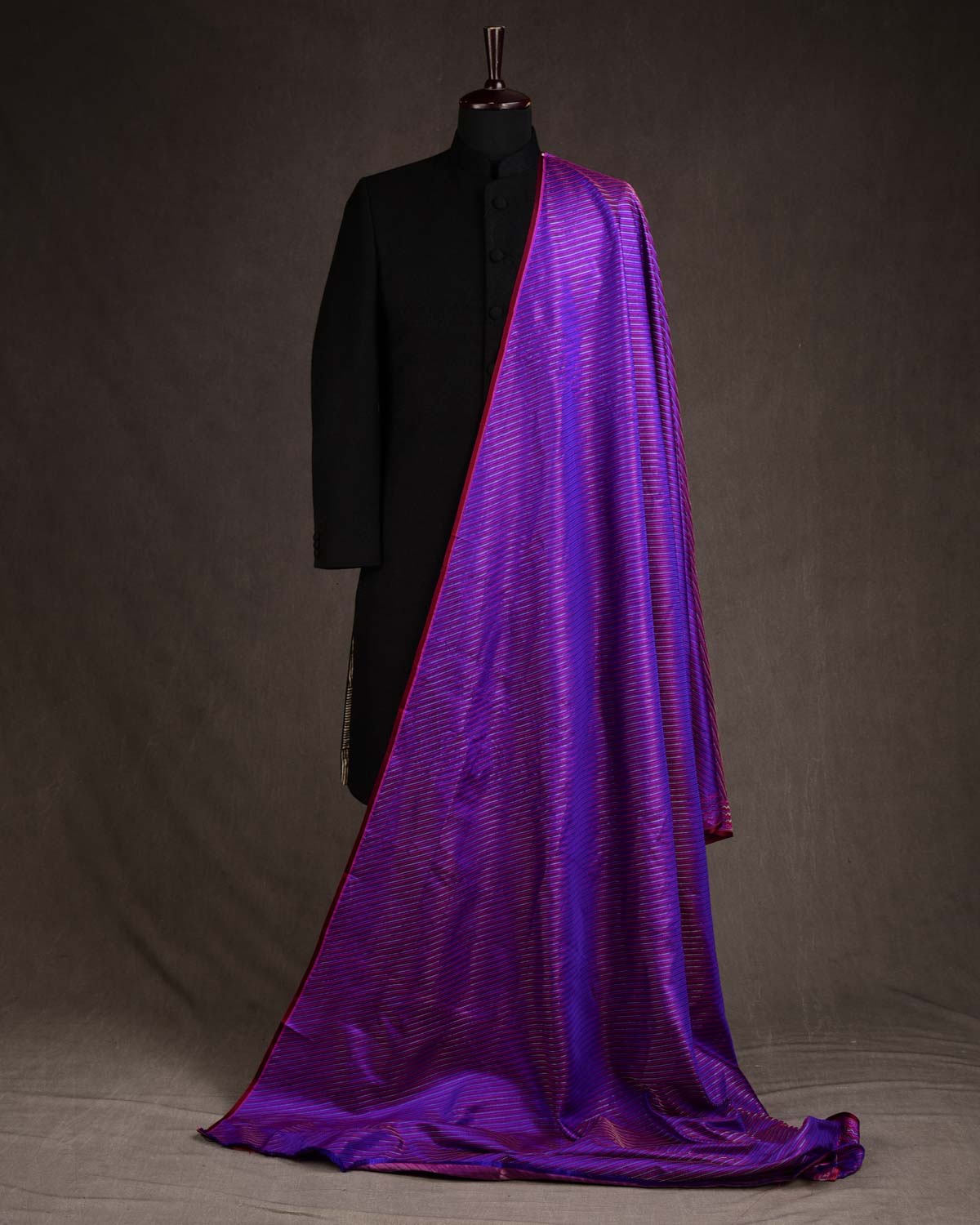 Purple 3-color Diagonal Stripes Jamawar Handwoven Katan Silk Banarasi Fabric-HolyWeaves