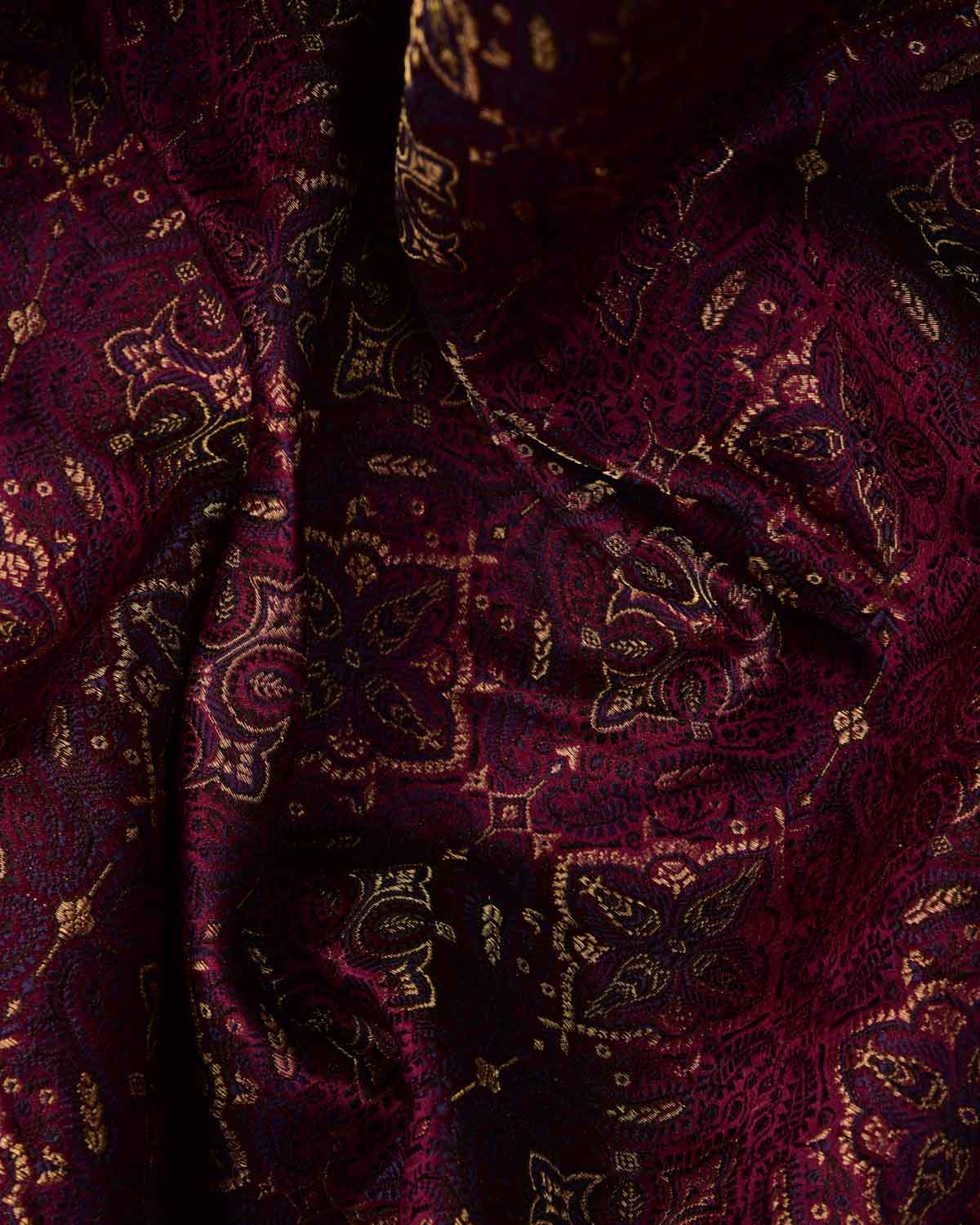 Purple Traditional Tehra Jamawar Handwoven Katan Silk Banarasi Fabric with Gold Zari-HolyWeaves