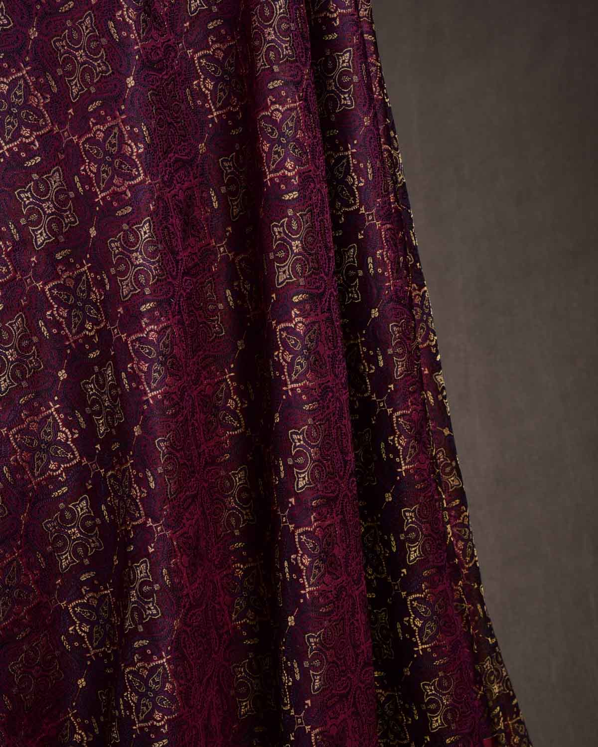 Purple Traditional Tehra Jamawar Handwoven Katan Silk Banarasi Fabric with Gold Zari-HolyWeaves
