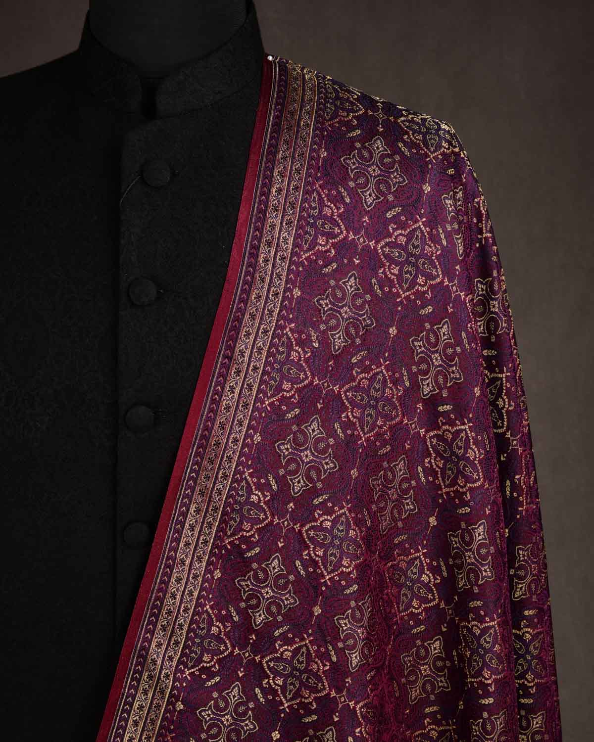 Purple Traditional Tehra Jamawar Handwoven Katan Silk Banarasi Fabric with Gold Zari-HolyWeaves
