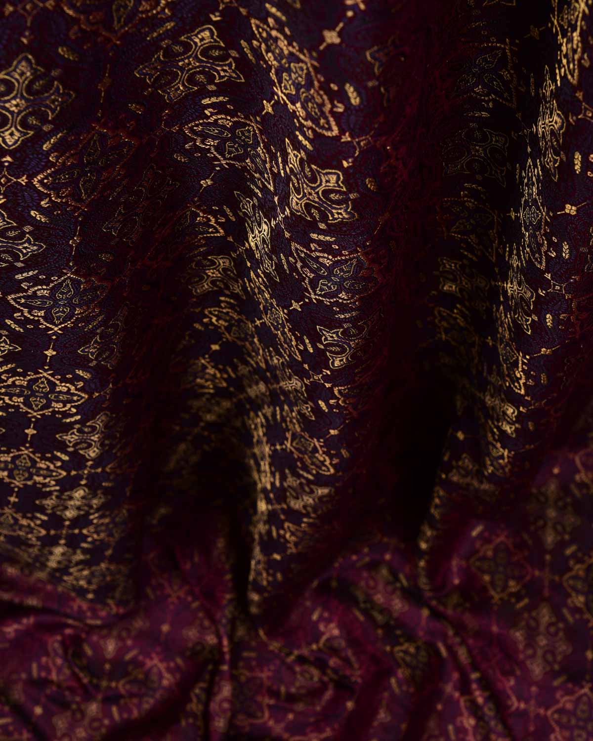 Purple Traditional Tehra Jamawar Handwoven Katan Silk Banarasi Fabric with Gold Zari-HolyWeaves