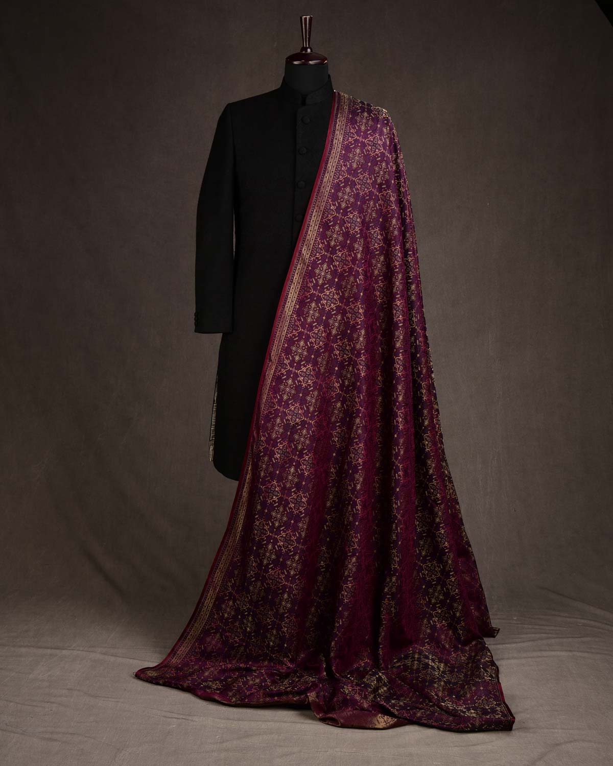 Purple Traditional Tehra Jamawar Handwoven Katan Silk Banarasi Fabric with Gold Zari-HolyWeaves