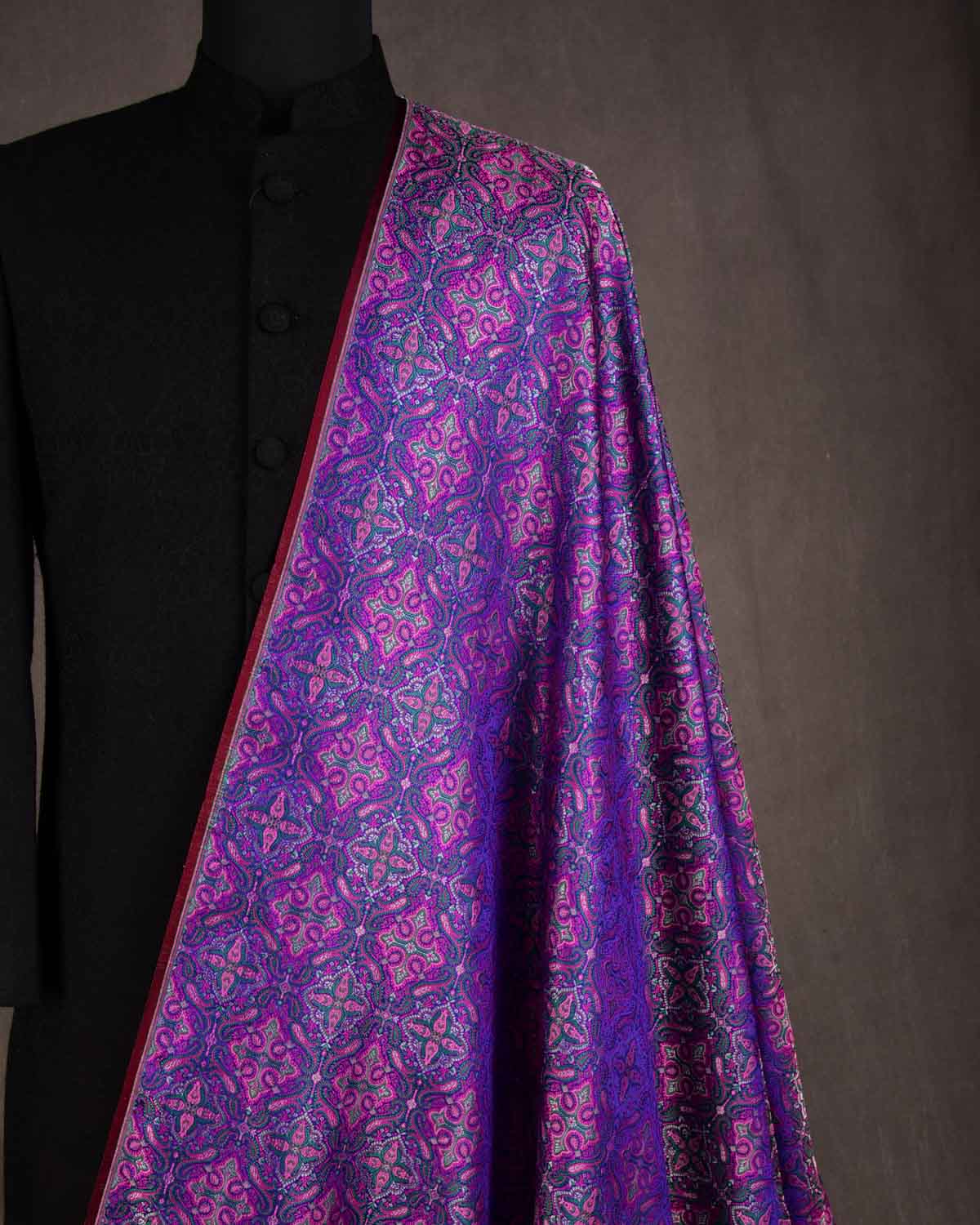 Purple Traditional Tehra Jamawar Handwoven Katan Silk Banarasi Fabric with Gold Zari-HolyWeaves