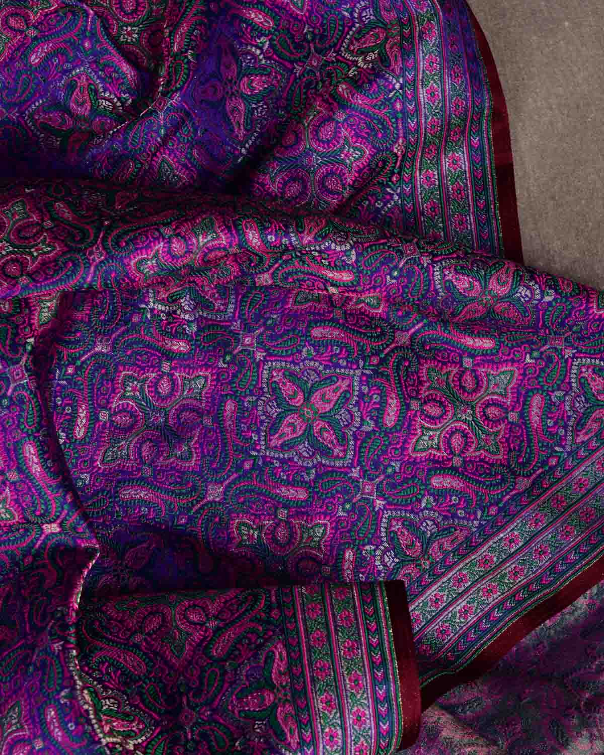 Purple Traditional Tehra Jamawar Handwoven Katan Silk Banarasi Fabric with Gold Zari-HolyWeaves