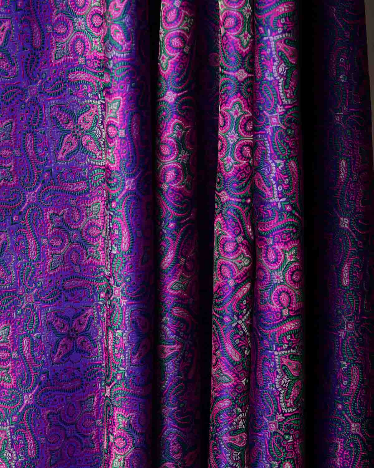 Purple Traditional Tehra Jamawar Handwoven Katan Silk Banarasi Fabric with Gold Zari-HolyWeaves